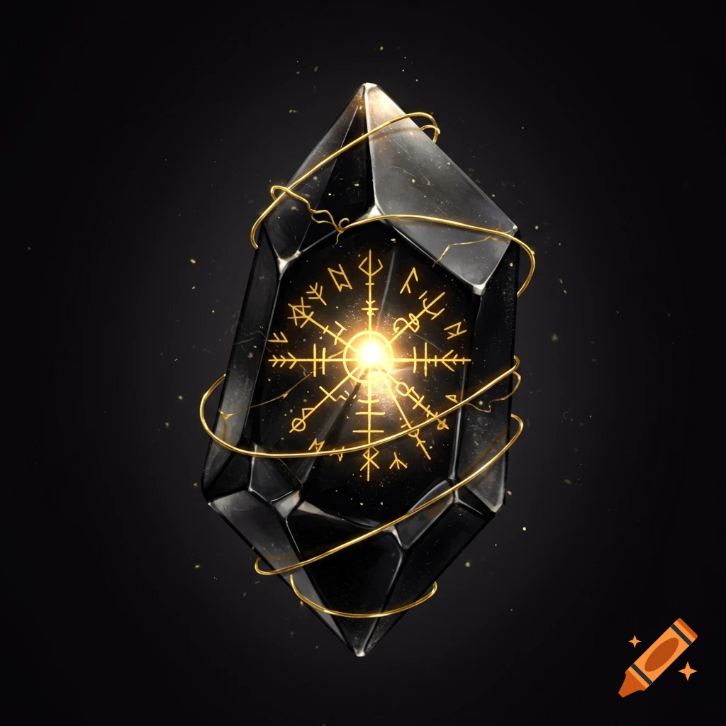 A black crystal wrapped in gold wire with glowing gold runes on its surface, against a dark background.