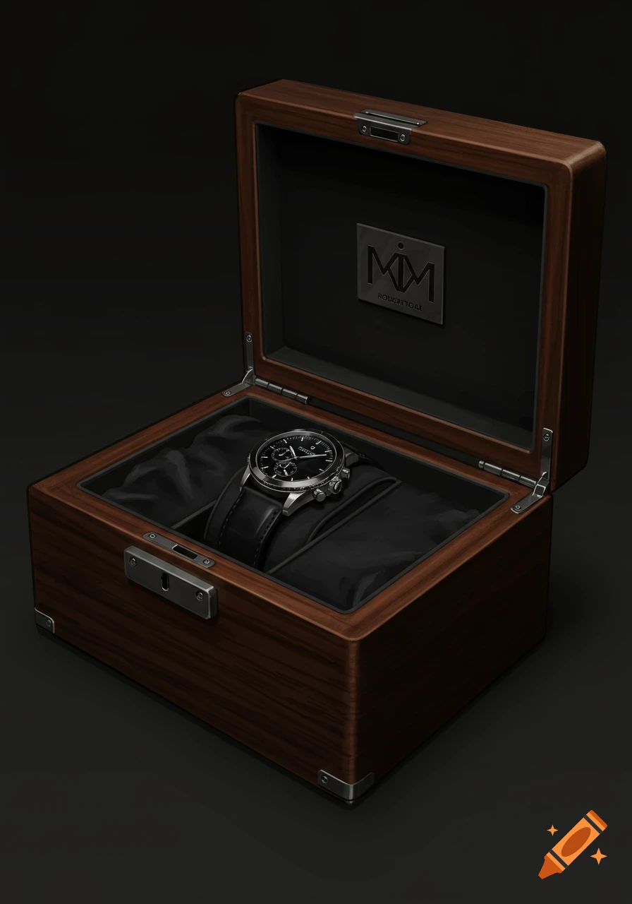 A black luxury watch with a leather strap displayed in an open wooden watch box on a dark background, product photography style.