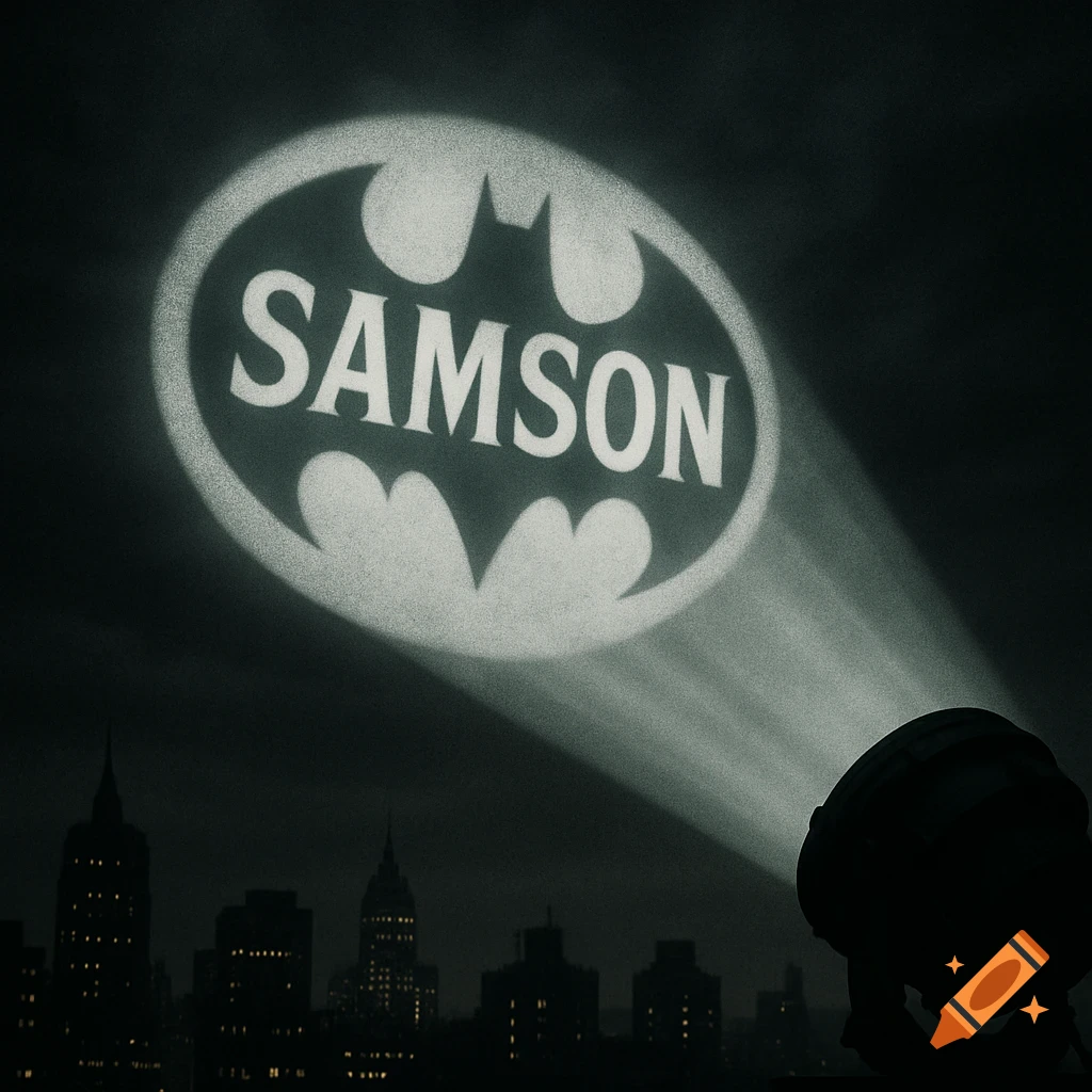 Batman symbol with the name SAMSON projected onto a dark night sky above a silhouetted city skyline.