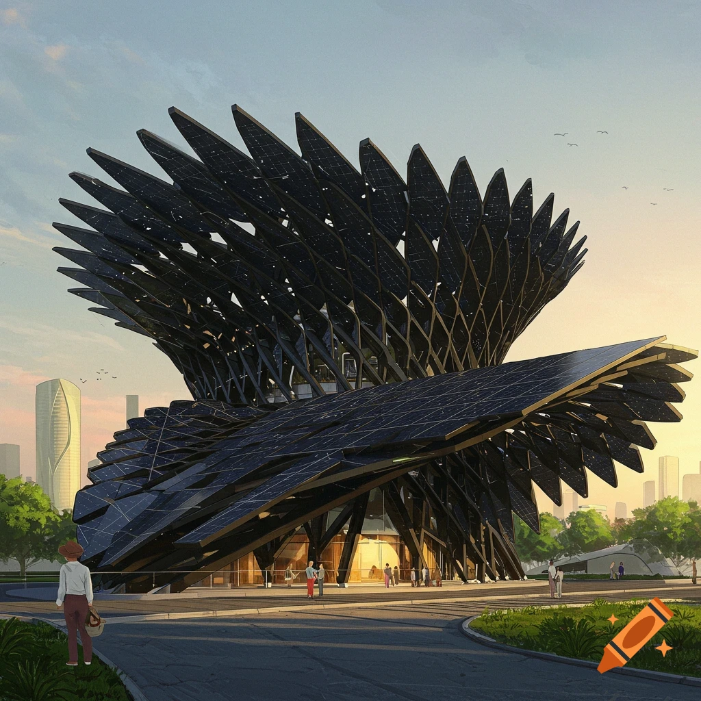 A futuristic architectural pavilion made of dark, feather-like solar panels, with a modern cityscape in the background at sunset.