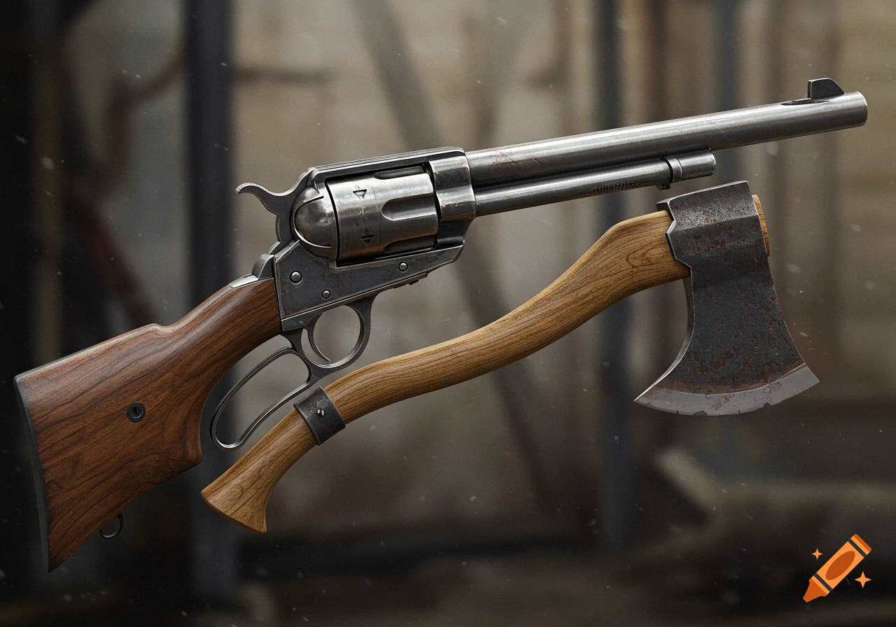 A close-up photorealistic image of a vintage-style lever-action revolver rifle combined with an axe blade on its underside.