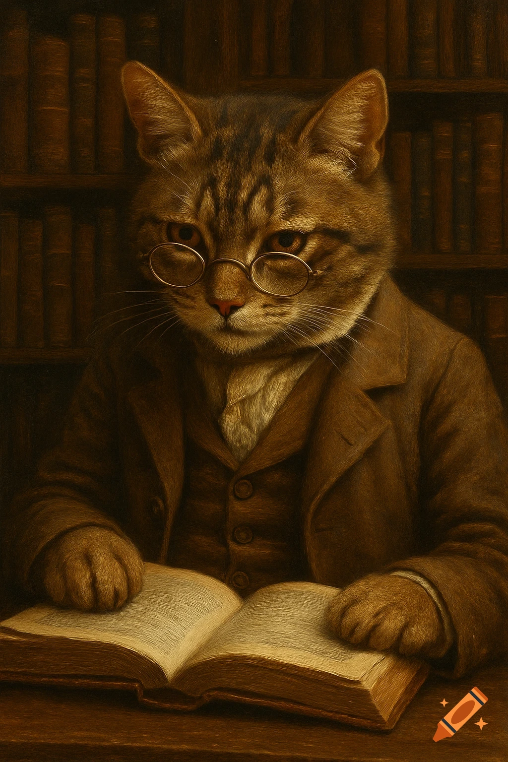 Oil painting of a sophisticated cat wearing round glasses and a suit, reading an open book in a library.
