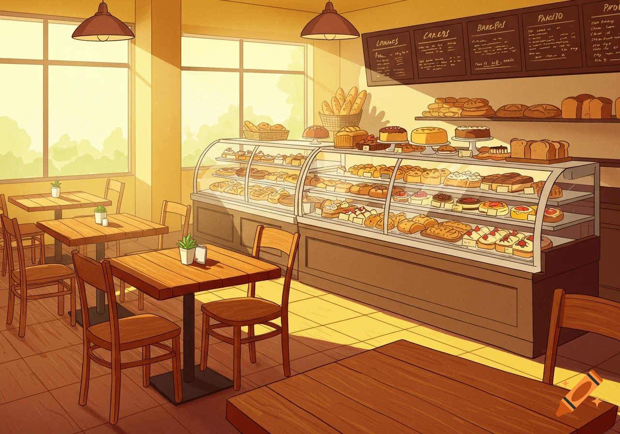 An empty cartoon-style bakery interior with sunlit tables and chairs, a large display case filled with various pastries and breads, and menu boards on the back wall.