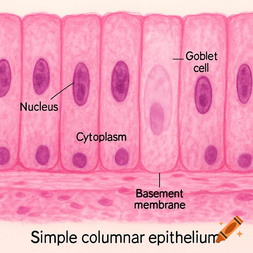 Microscopic diagram of simple columnar epithelium with labeled nucleus, cytoplasm, goblet cell, and basement membrane.