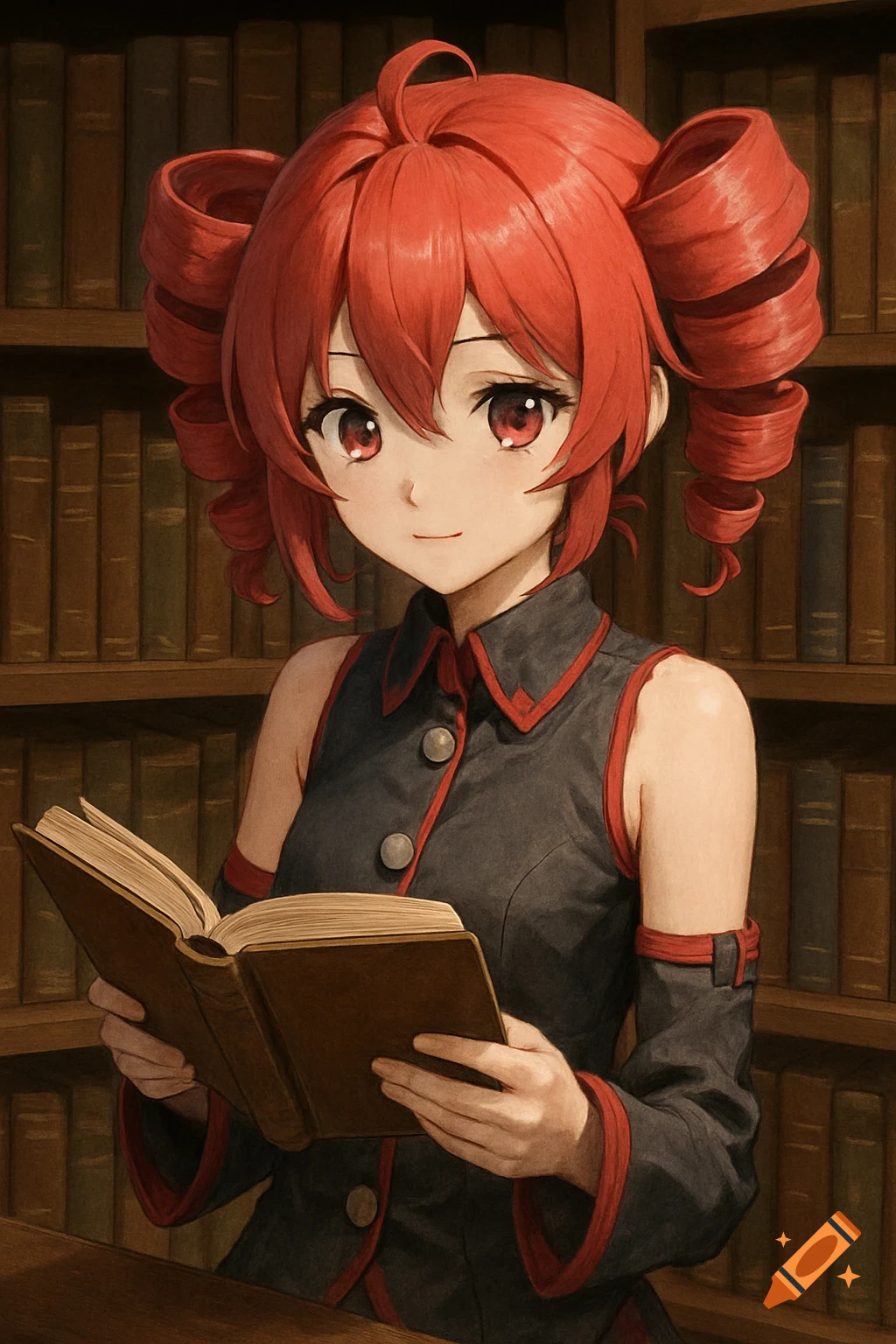 An anime-style girl with red hair reads a book in a library.