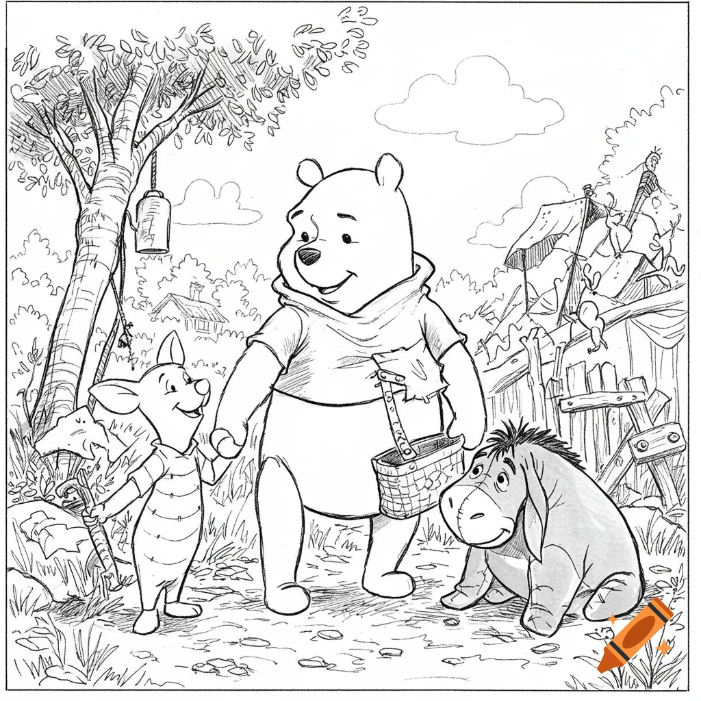 Black and white line drawing of Winnie the Pooh, Piglet, and Eeyore in a forest setting, looking like a coloring book page.