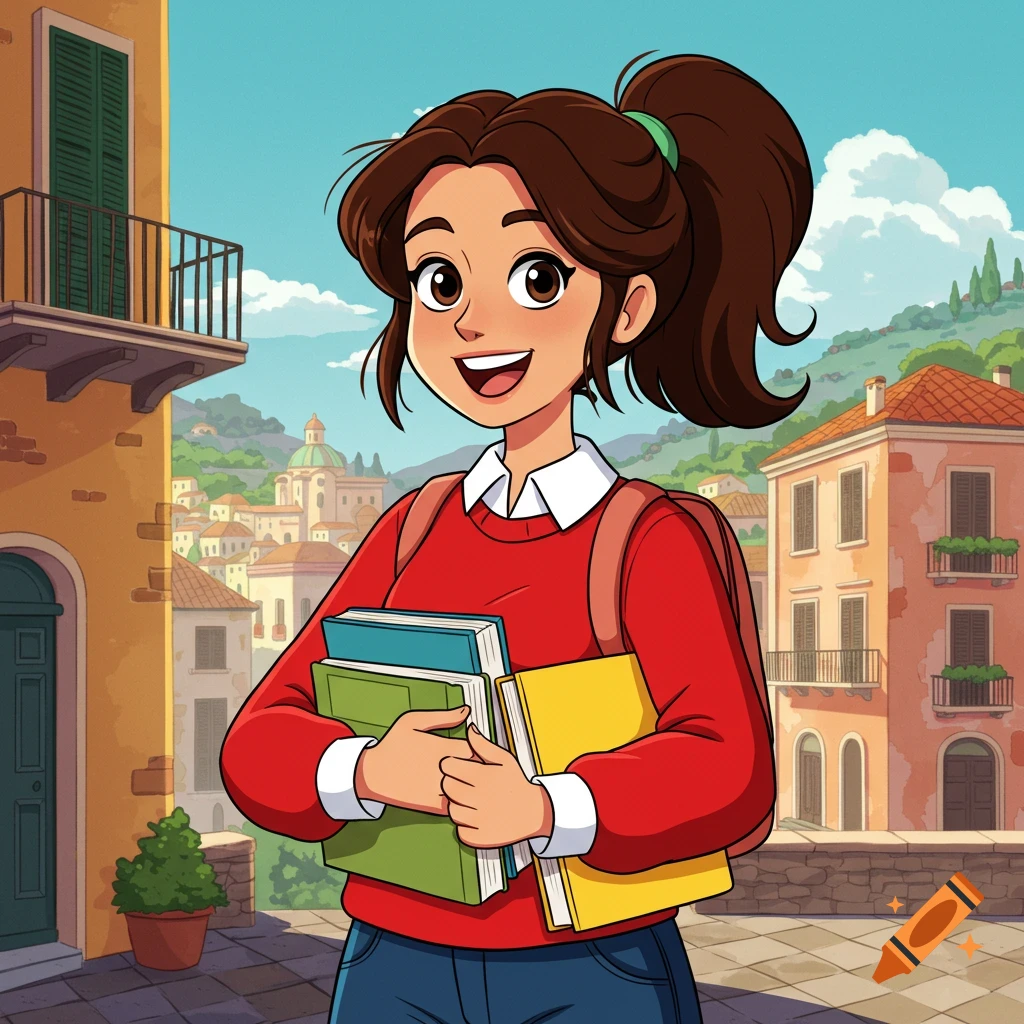 A smiling cartoon female student with a ponytail and backpack holds books in an Italian town setting.