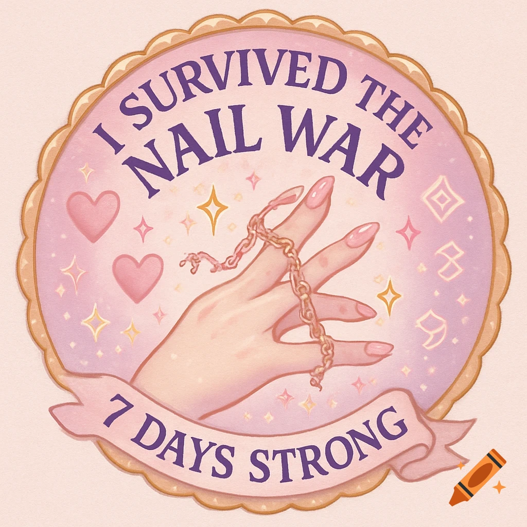 A dreamy, pastel fantasy badge with a hand, broken pink nail chains, hearts, and sparkles. Text: 'I Survived the Nail War - 7 Days Strong'.
