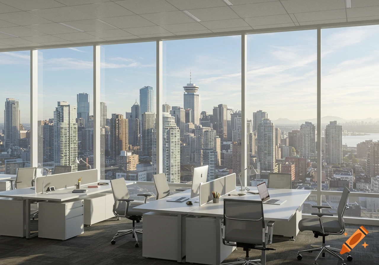 Photorealistic image of a modern office interior with large windows offering a panoramic view of the Vancouver city skyline.