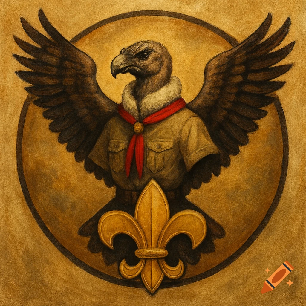 A stylized emblem of a condor-like bird in a scout uniform with a red scarf, above a gold fleur-de-lis, on a golden circular background.