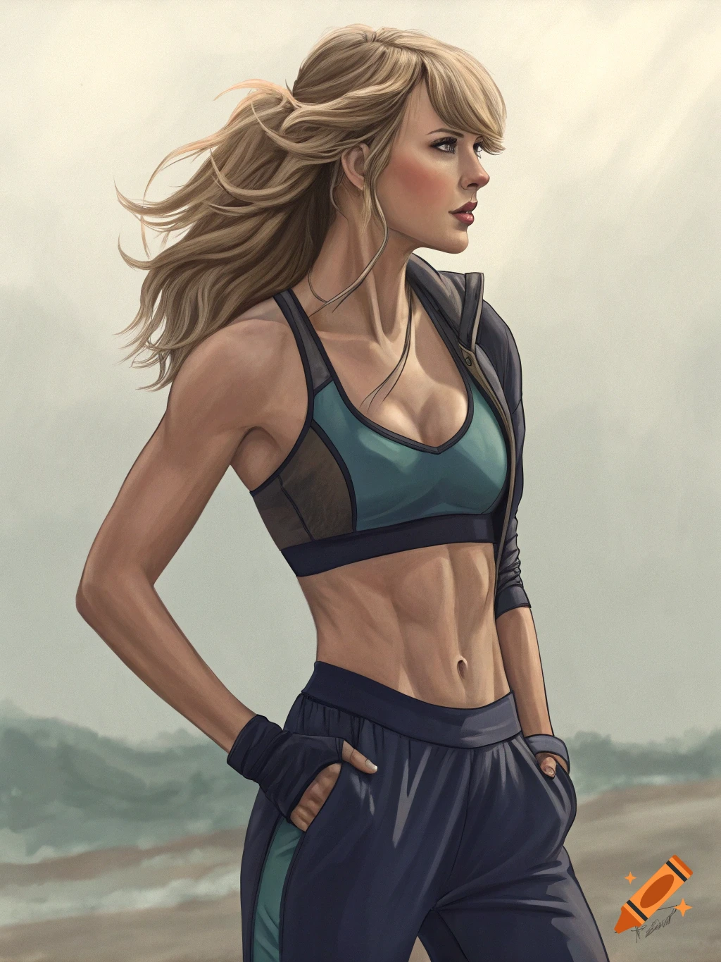 Digital art portrait of a muscular woman resembling Taylor Swift in a sports bra and joggers, looking left.