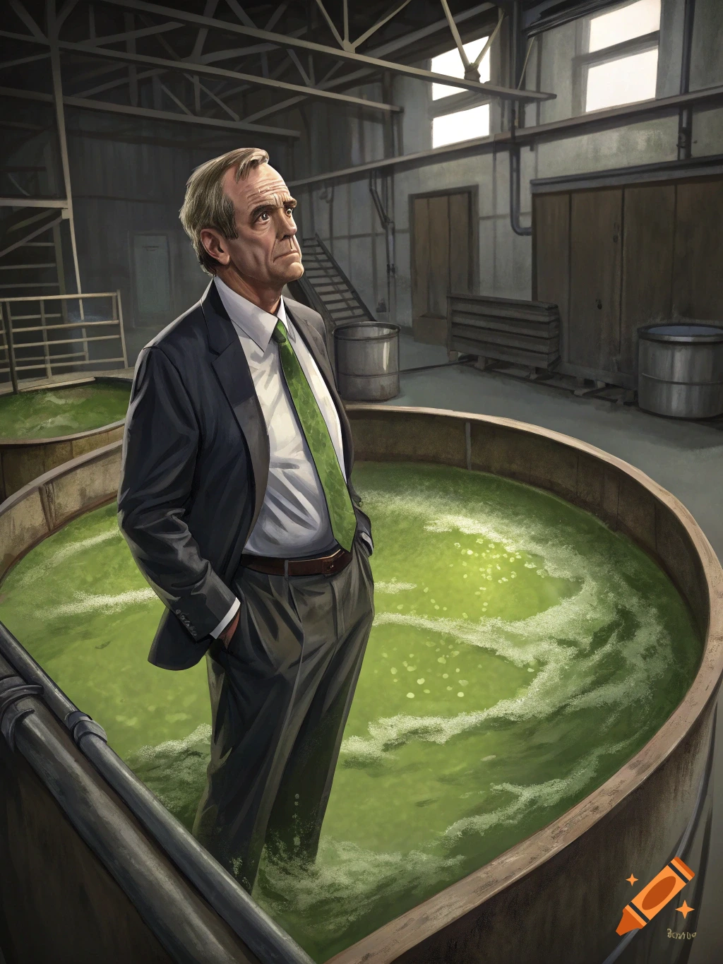 A man in a suit stands in a large vat of bubbling green liquid in an industrial building.