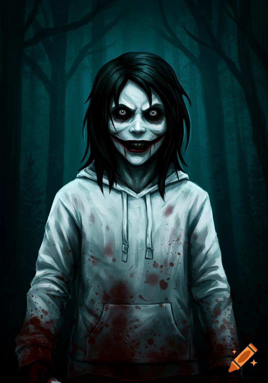 Digital painting of a creepy horror character with a wide, carved smile and blood-stained white hoodie, standing in a dark forest.