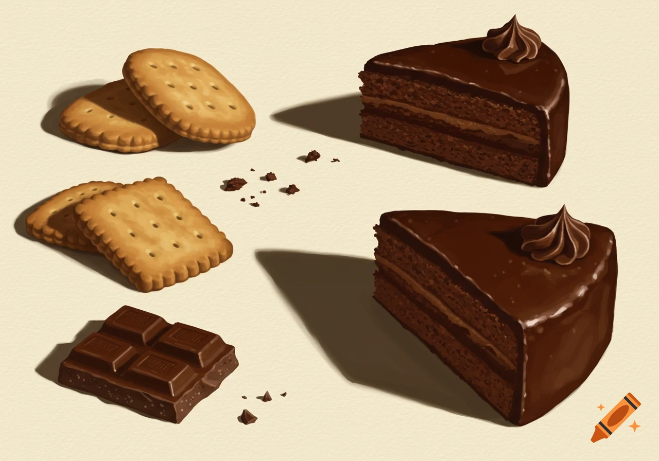 An overhead illustration of two chocolate cake slices, two stacks of biscuits, and a chocolate bar on a cream background with crumbs.