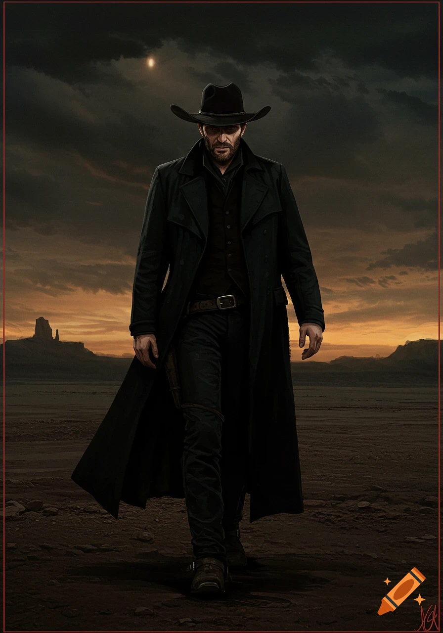 A lone cowboy in a black hat and long coat walks through a desolate desert at sunset.