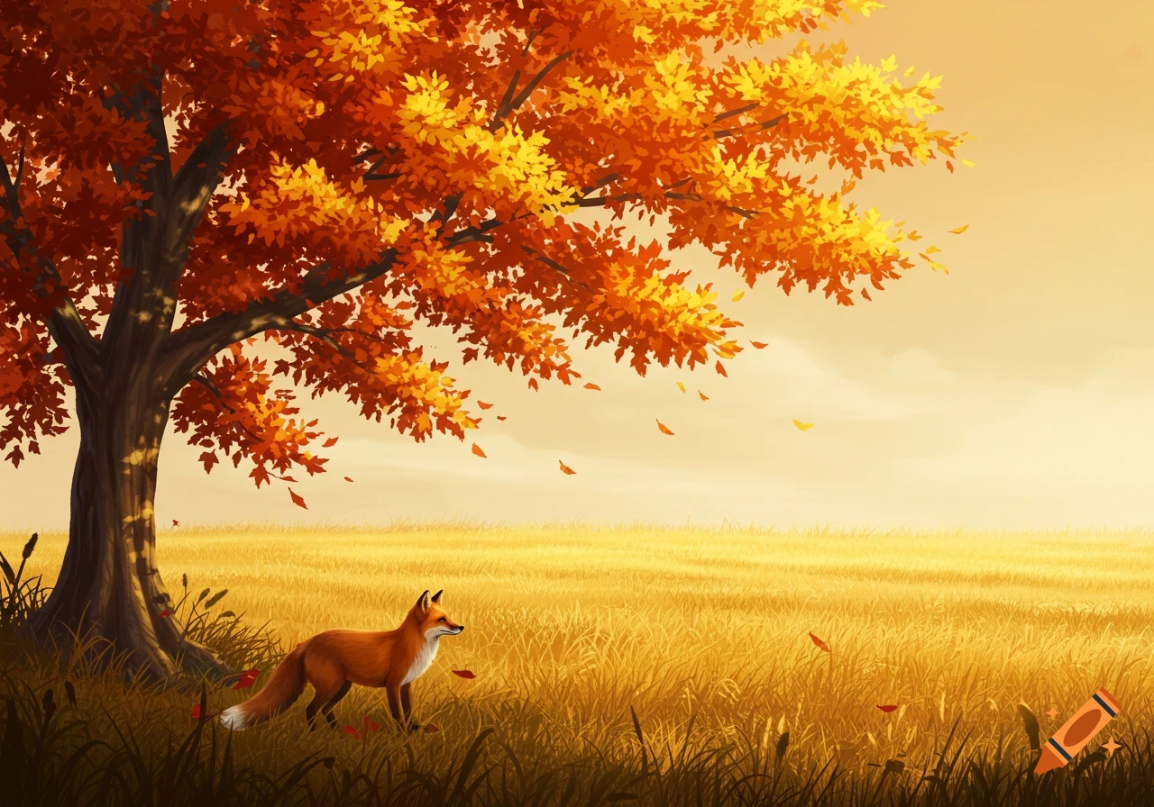 A fox in an autumn field under a tree with orange leaves, bathed in golden light.
