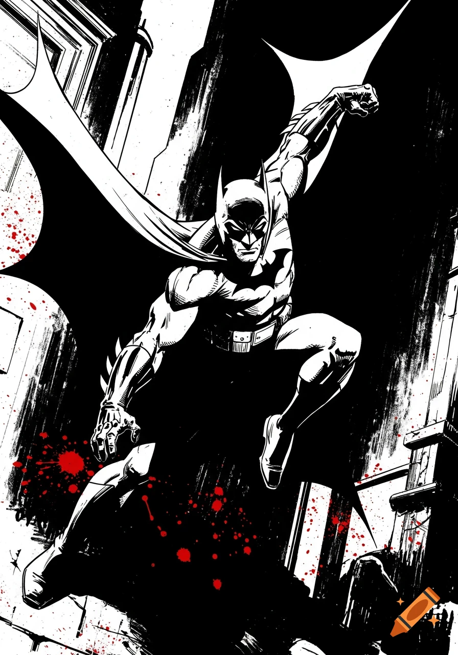 Batman leaps through a dark, high-contrast comic book scene in black and white, accented with red blood splatters.
