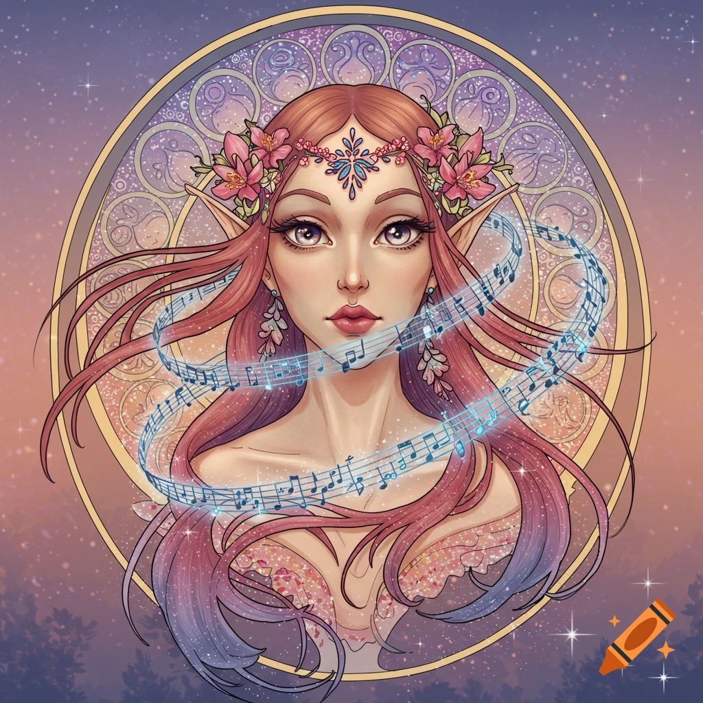 A beautiful stylized portrait of an elf-like woman with pink hair, wearing a flower crown and jeweled headpiece, surrounded by swirling blue musical notes, against a starry sky and decorative background.
