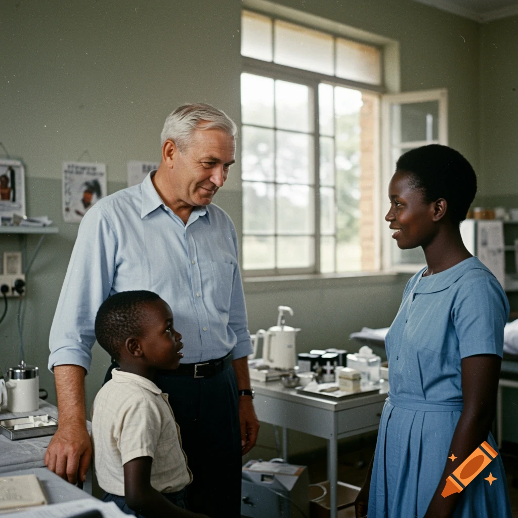 An adult white man, a Black woman, and a Black child interact in a medical room, 1960s photorealistic style.