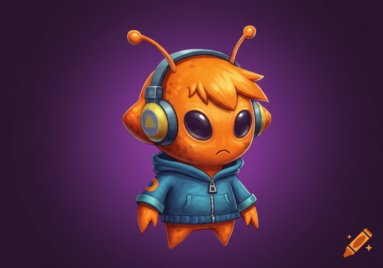 Cartoon orange alien character wearing a blue hoodie and headphones with antennae.