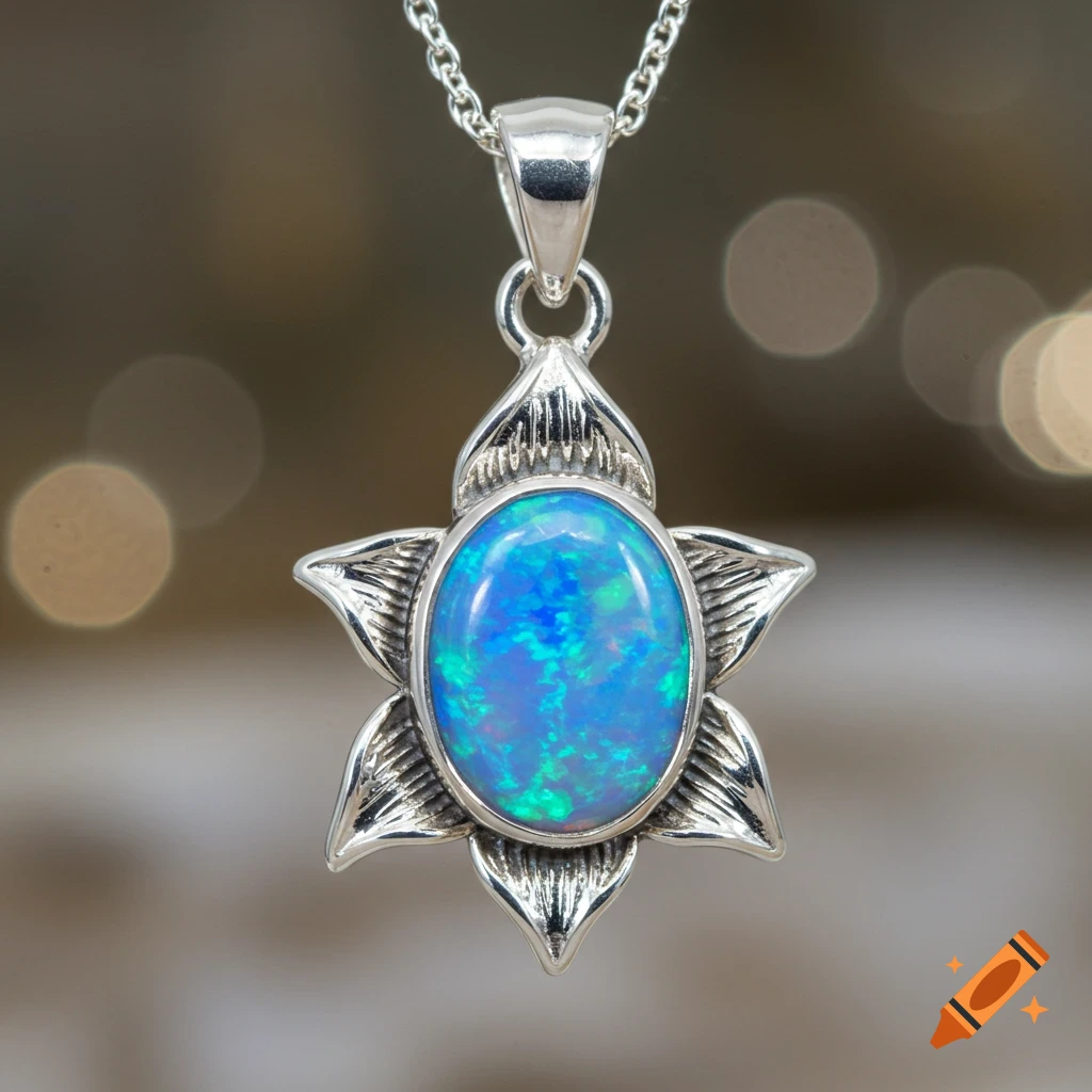 Photorealistic sterling silver pendant with a vibrant blue-green opal and lily flower design, on a chain.