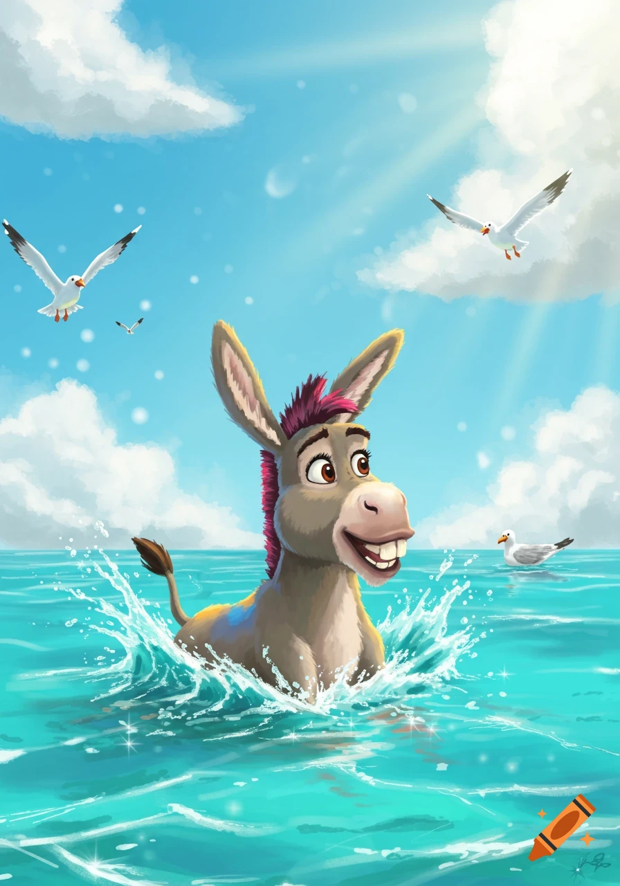 A happy cartoon donkey splashes in bright blue ocean water under a sunny sky with seagulls flying nearby.