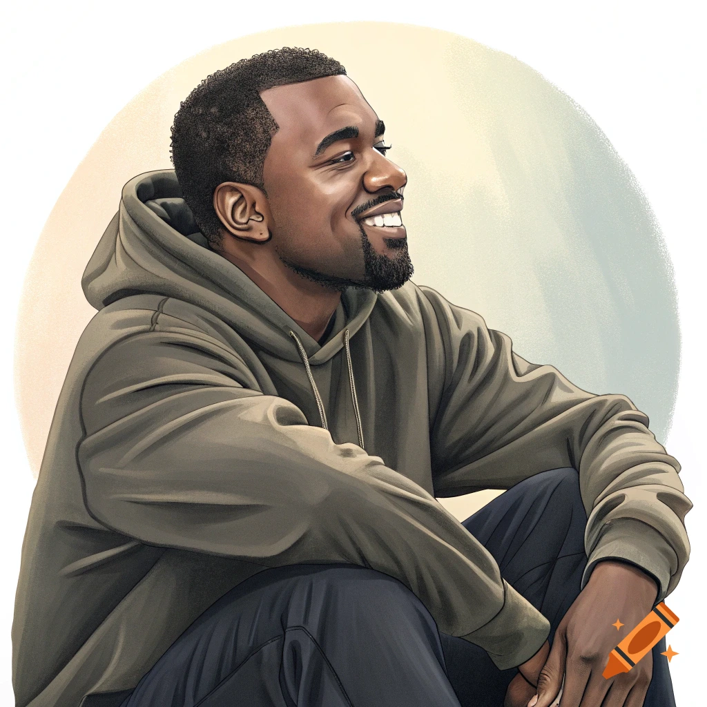 An illustrative portrait of Kanye West, a Black man with short hair and a beard, smiling and looking to the right while seated.