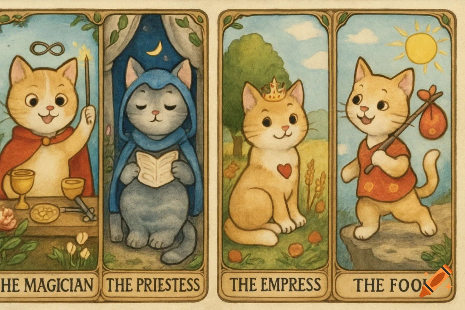 Four cute cartoon cat tarot cards: The Magician, The Priestess, The Empress, and The Fool, in a whimsical watercolor style.