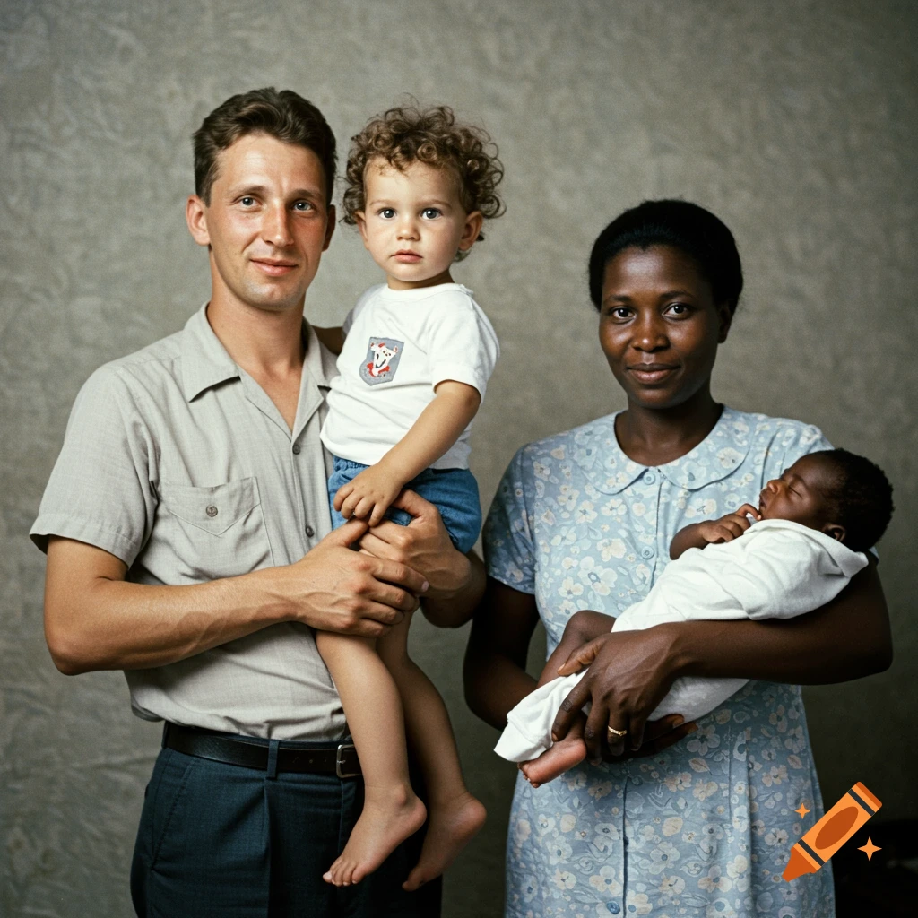 A 1960s photorealistic portrait of a family, featuring a white man holding a mixed-race toddler and a Black woman holding a newborn.