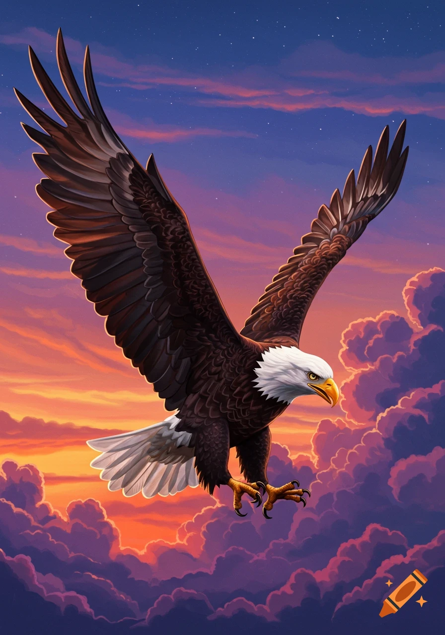 A majestic bald eagle soars with outstretched wings against a vibrant sunset sky filled with orange and purple clouds.
