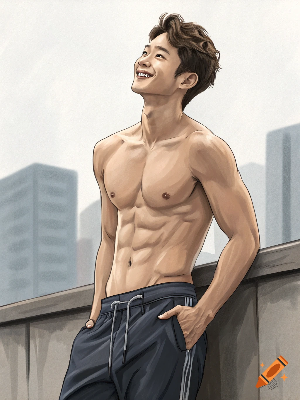 Illustration of a smiling, muscular Asian man, shirtless, wearing dark sweatpants, leaning on a wall with city buildings in the background.
