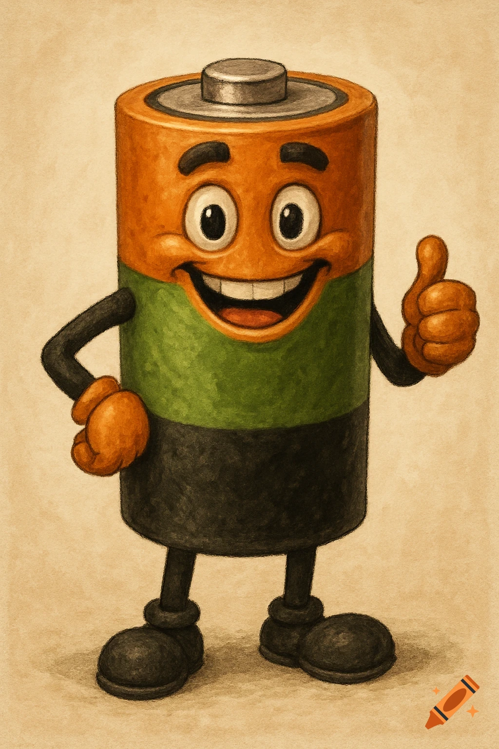 A cheerful cartoon battery mascot, colored orange, green, and black, stands and gives a thumbs up gesture.