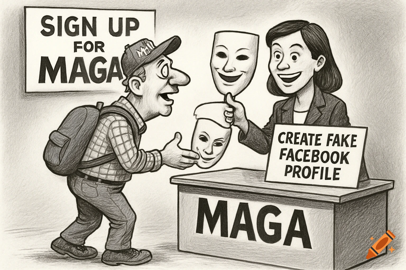 A black and white political cartoon depicting a man signing up for MAGA, being handed masks, and a sign encouraging fake Facebook profiles.