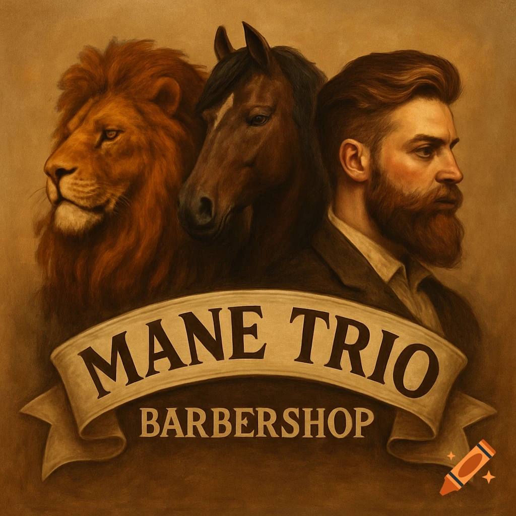 A painting of a lion, horse, and bearded man with a banner reading "MANE TRIO BARBERSHOP" below.