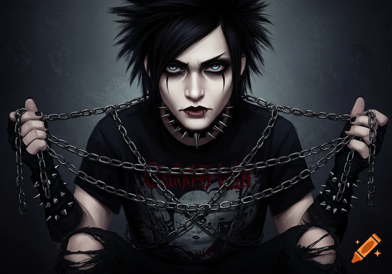 A dark portrait of a person with spiky black hair, heavy black eye makeup, spiked collar, and chains against a dark background.
