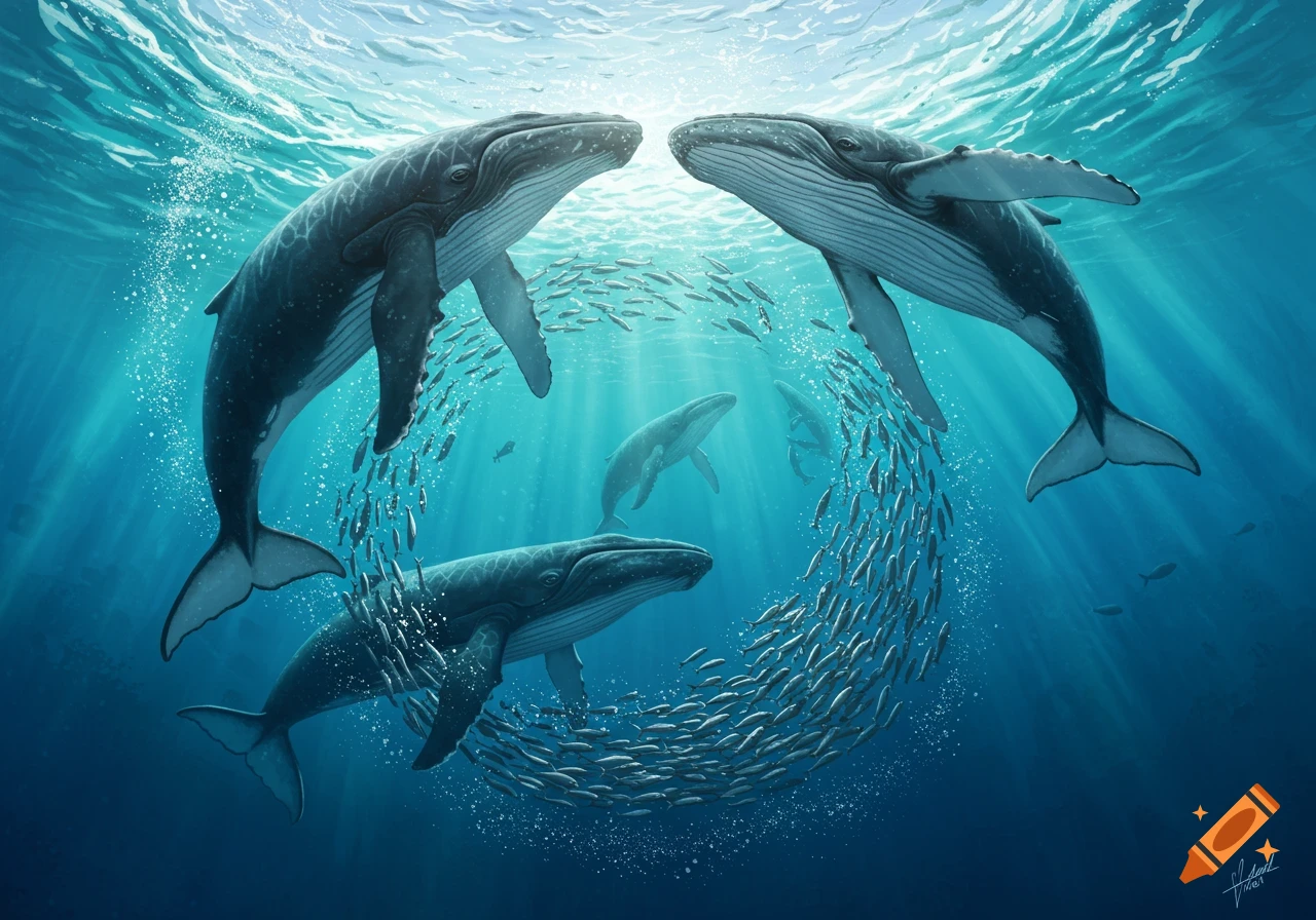 Humpback whales perform bubble net feeding with a large school of fish underwater.
