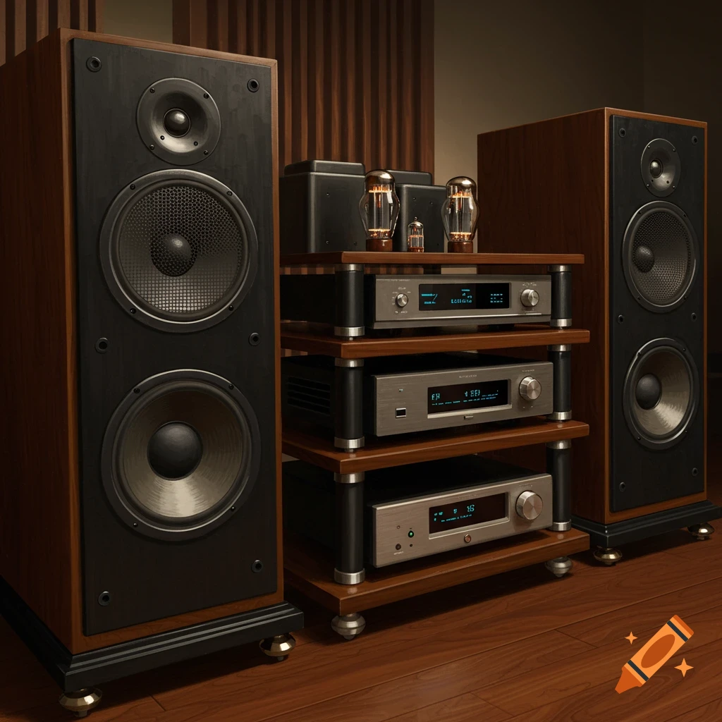 Photorealistic image of a high-end Hi-Fi audio stack stereo system with two large floor-standing speakers.
