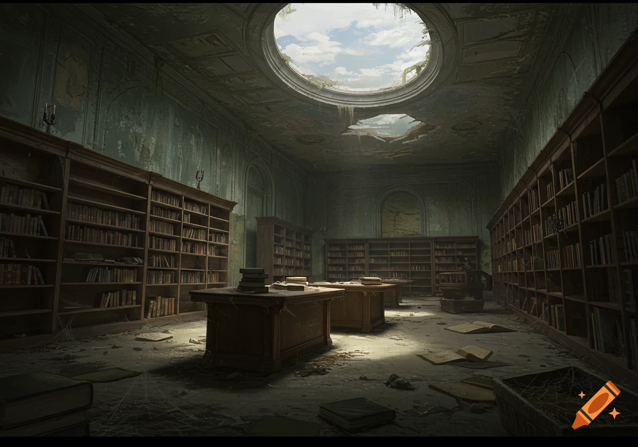 A desolate, decaying library with tall bookshelves, scattered books, peeling paint, and a large hole in the ceiling revealing the sky.