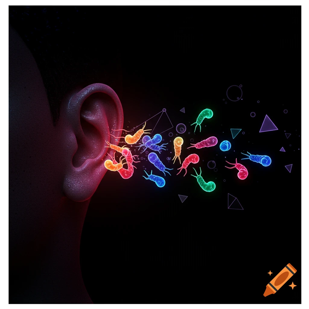 A detailed view of a human ear in profile with colorful, glowing, worm-like creatures emanating from it, set against a dark background with faint geometric shapes.