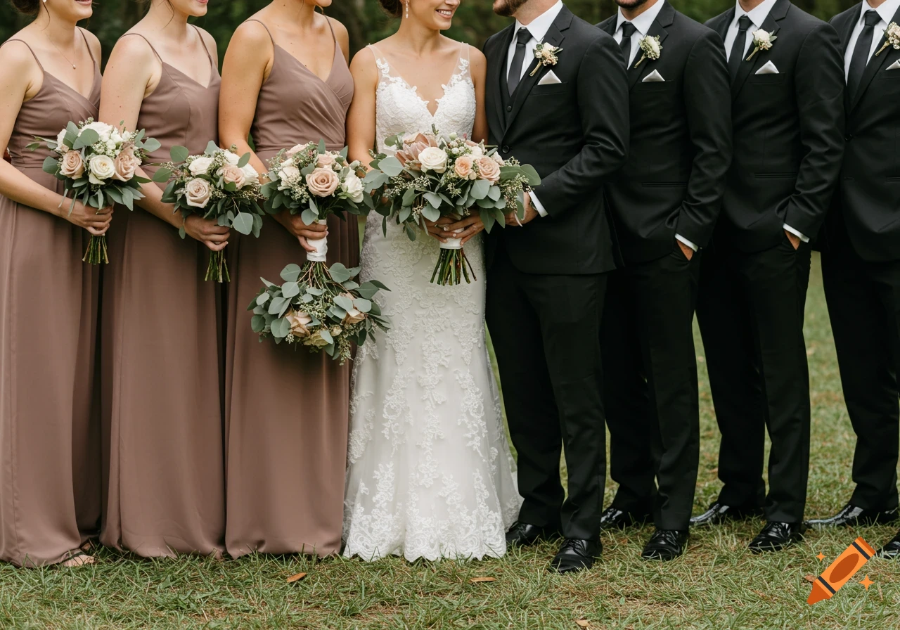 A wedding party stands on grass, with bridesmaids in taupe dresses holding  bouquets of eucalyptus, mauve, and white roses, and groomsmen in black  tuxedos. on Craiyon