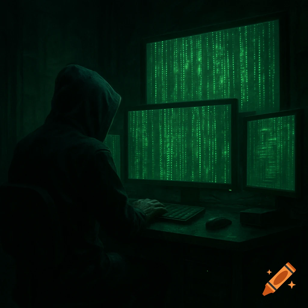 A hooded figure in a dark room types on a keyboard, facing multiple computer screens displaying green code.