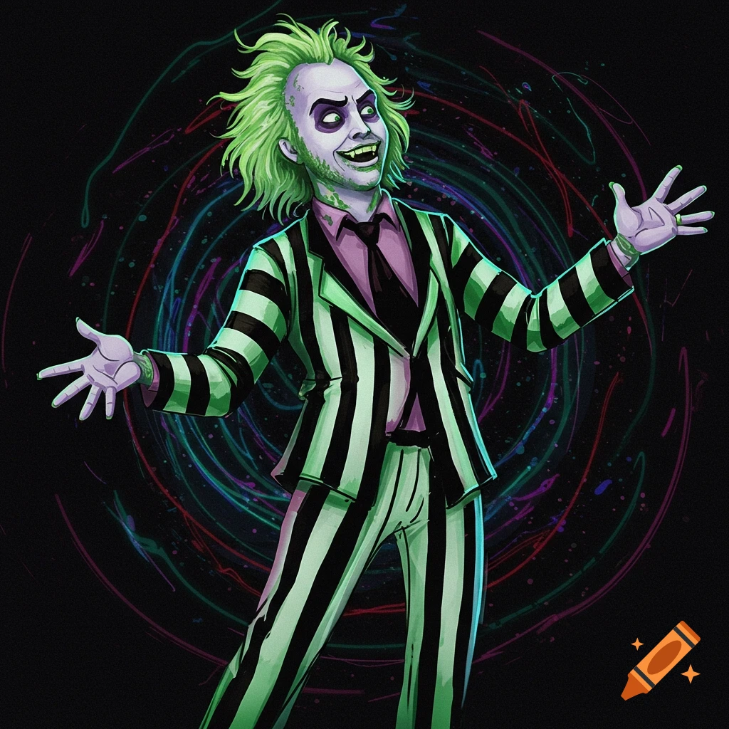 An illustration of Beetlejuice with bright green hair, a striped suit, and pale skin, gesturing with open arms against a swirling colorful background.