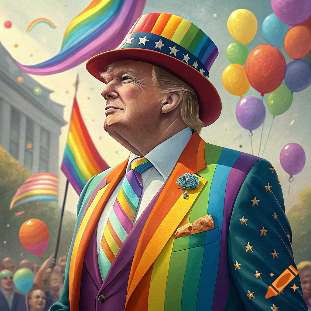Donald Trump wearing a rainbow-striped suit, tie, and top hat with stars, standing amidst a vibrant outdoor parade with balloons and flags.