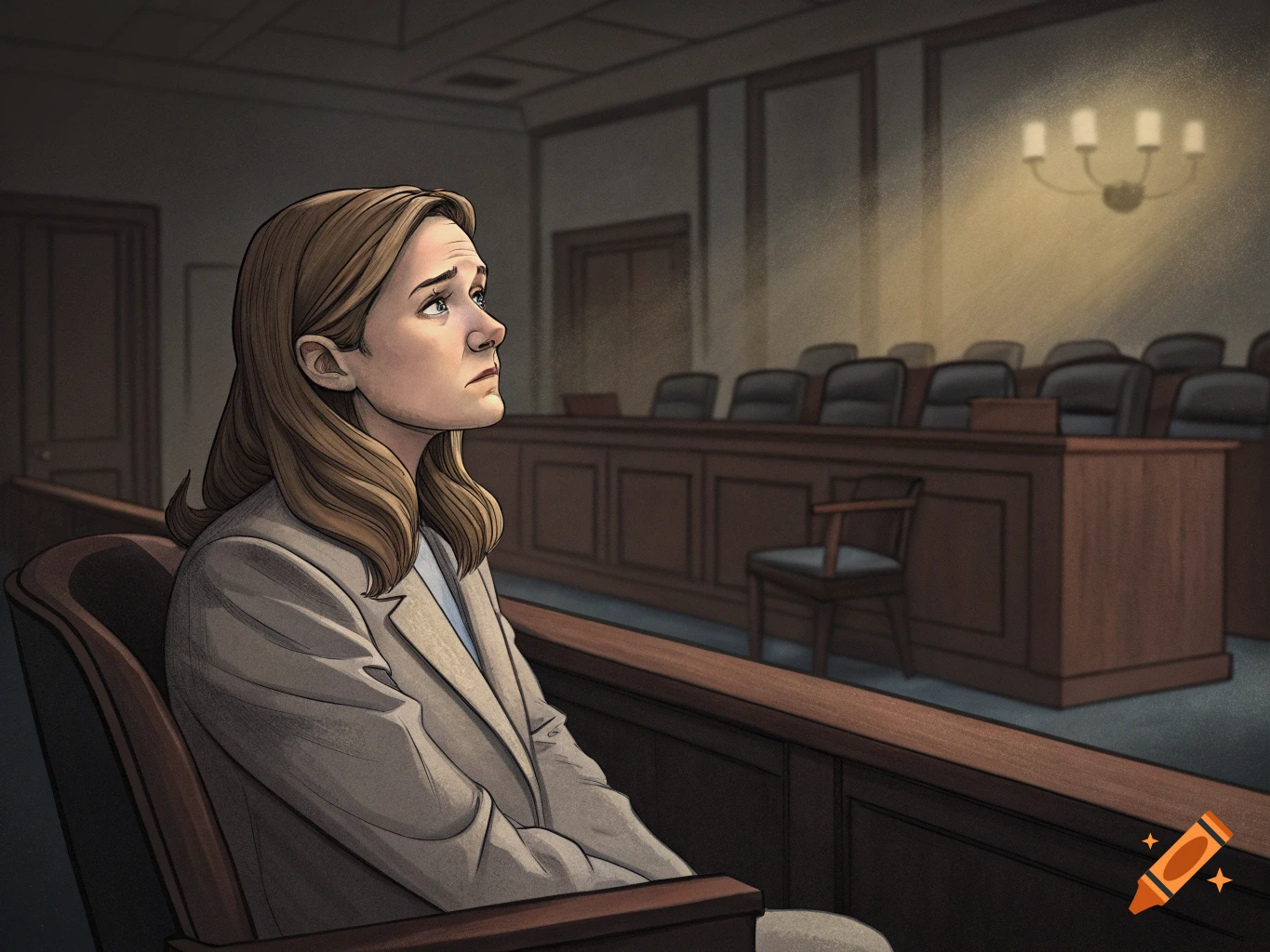 An illustration of a distressed woman in a courtroom, looking up while seated in a chair.