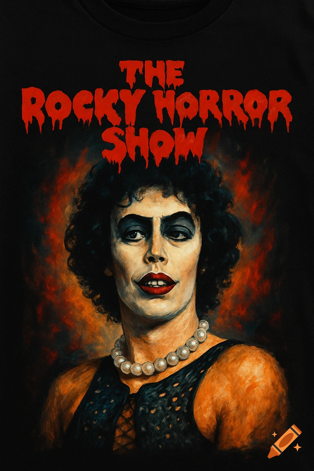 Painting of Dr. Frank-N-Furter from The Rocky Horror Show, with 'THE ROCKY HORROR SHOW' in dripping red text. He has dark makeup, curly hair, and a pearl necklace, against a fiery background.