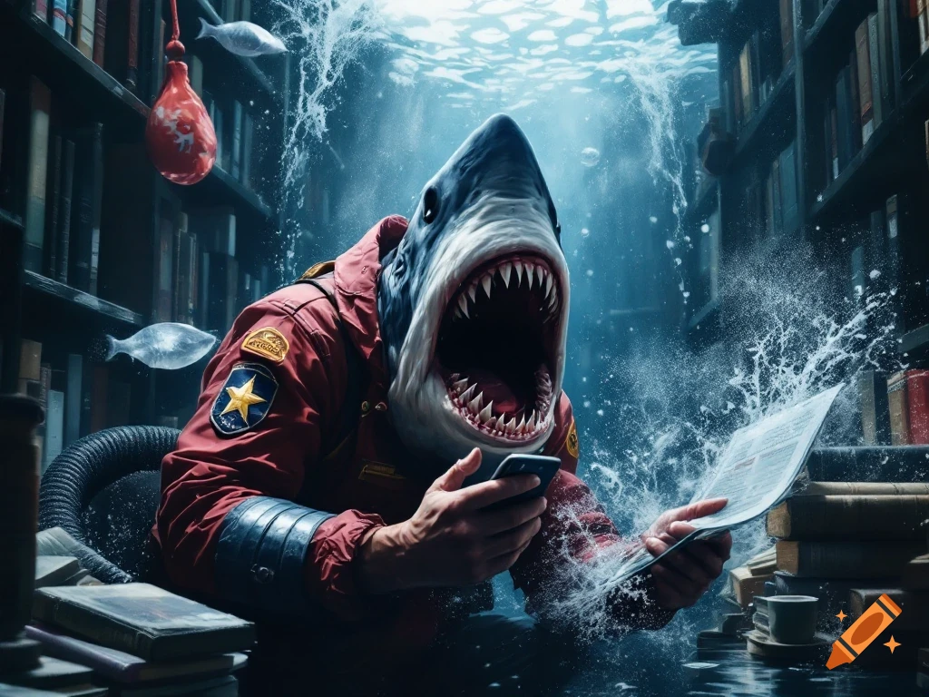 A shark in a red jacket reading a newspaper and looking at a phone in a flooded library, surrounded by splashing water and floating fish.