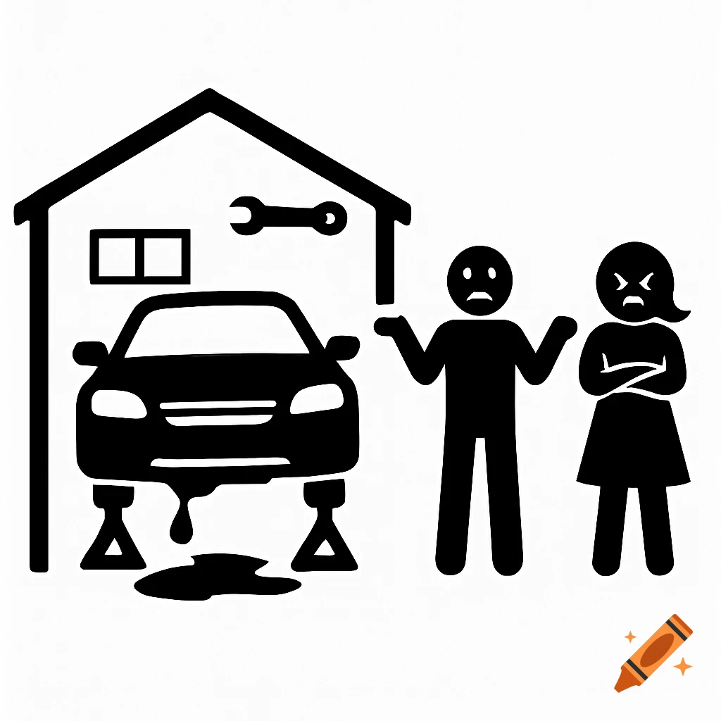 Black and white pictogram of a car leaking oil in a garage with a shrugging man and an angry woman.