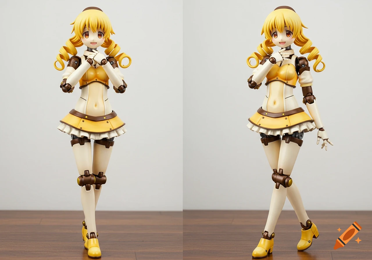 A highly detailed photo of a Mami Tomoe humanoid robot figure with a glossy, plastic finish, featuring mechanical joints, in a yellow and brown outfit, standing on a hardwood floor against a white background.