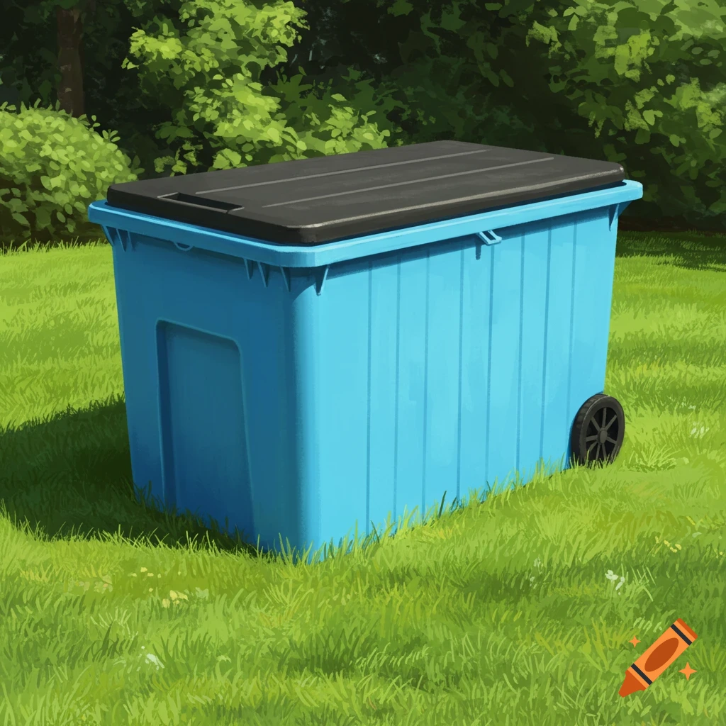 A bright blue storage bin with a black lid and wheels sits on vibrant green grass with blurred trees in the background.