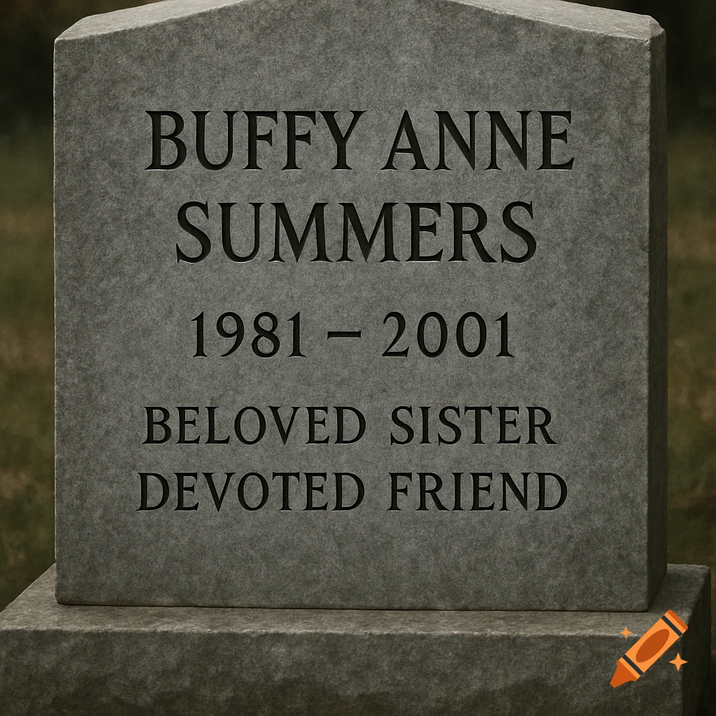 A grey granite tombstone engraved with 'Buffy Anne Summers 1981-2001 Beloved Sister Devoted Friend'.
